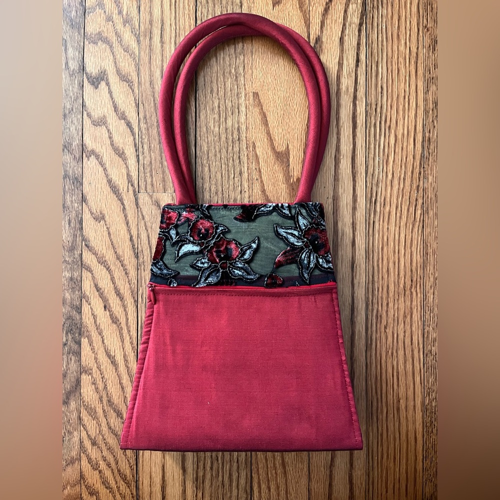 Handmade Red Silk & Floral Purse Handbag - New